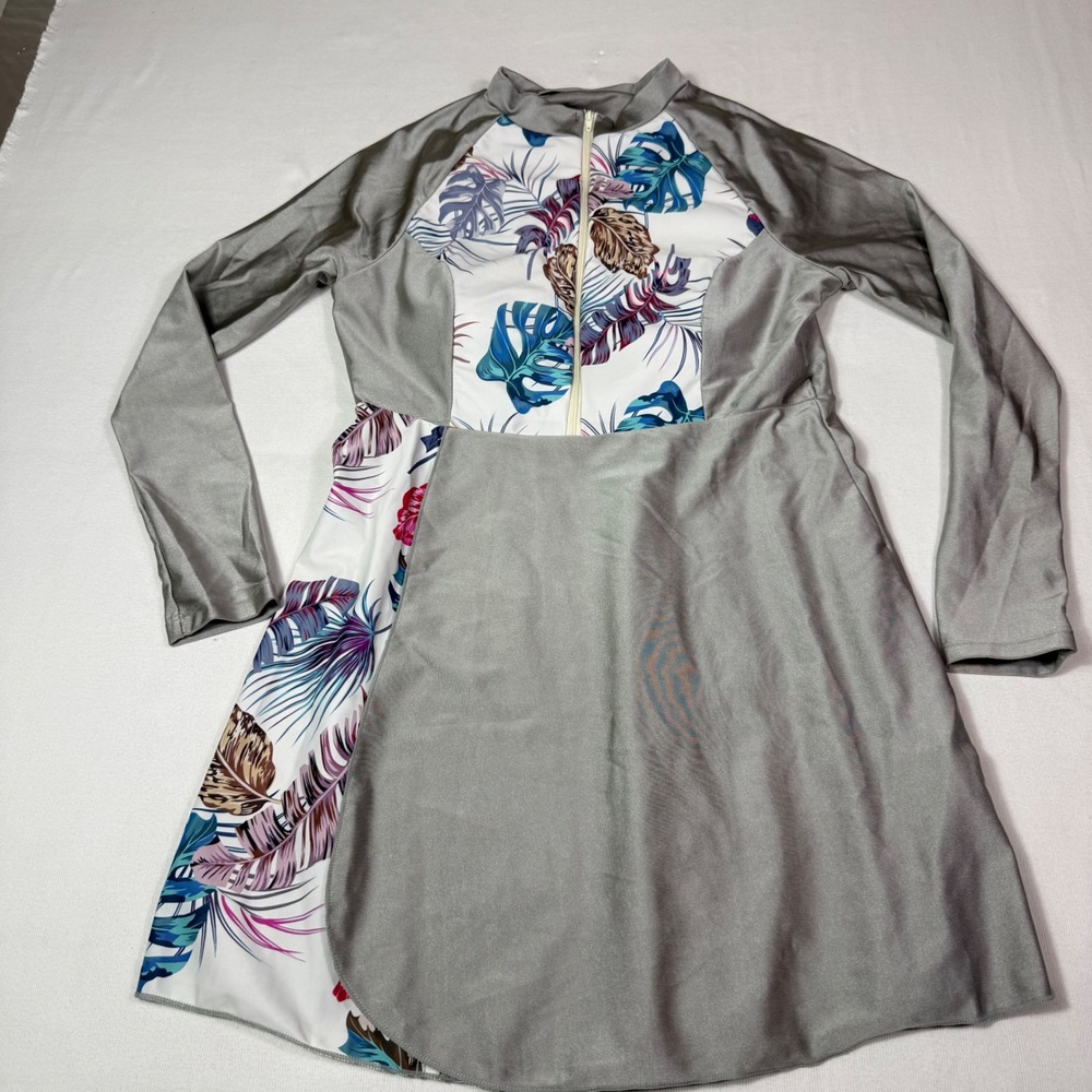 Unbranded Modest Swim Dress M Silver Tropical Print Long Sleeve Zip rash guard